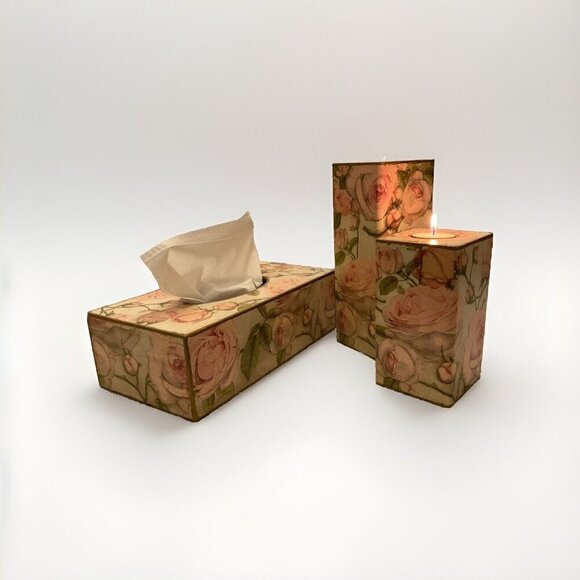 Handmade Wooden Pink Rose Candle Holders And Refillable Tissue Box Set - Picture 2 of 5